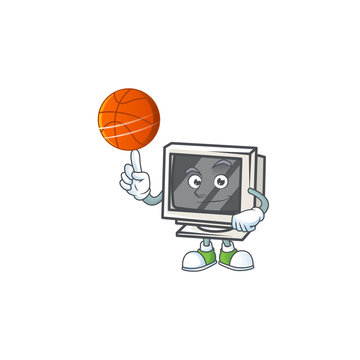 a strong vintage monitor cartoon character with a basketball