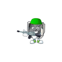 Vintage monitor mascot design in an Army uniform with machine gun