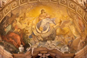 BOLOGNA, ITALY - FEBRUARY 3, 2020: The fresco of Immaculate Conception in the apes of church San Michele in Bosco by Domenico Maria Canuti (1625 - 1684).