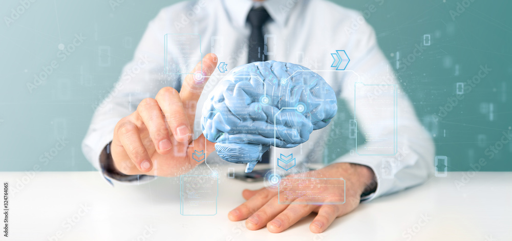 Poster businessman holding a intelligence artificial brain with data - 3d rendering