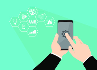 Business man holding smartphone with glowing mobile app choices.