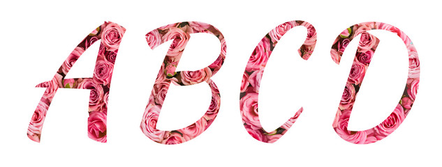 The letters ABCD of the English alphabet is cut out of pink roses on a white isolated background.Floral pattern, texture.Bright alphabet for stores, sales, websites, postcards and holiday greetings