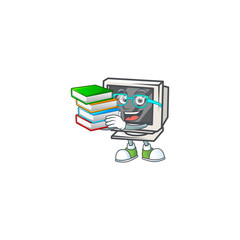 A brainy clever cartoon character of vintage monitor studying with some books