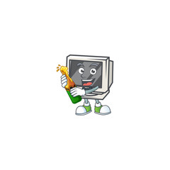 mascot cartoon design of vintage monitor having a bottle of beer