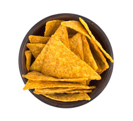 Bowl with tasty Mexican nachos chips on white background.