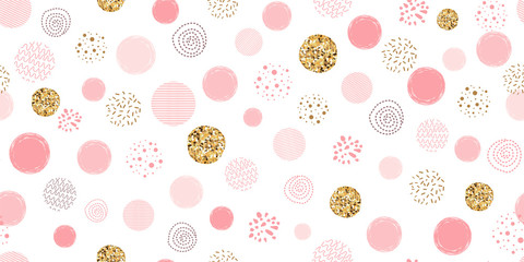 Girl pink dotted seamless pattern Polka dot abstract background pink glitter gold circles Vector pink print
