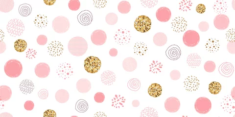 Papier peint Cercles Modèle sans couture en pointillé rose fille à pois abstrait cercles d& 39 or de paillettes roses Vector print rose