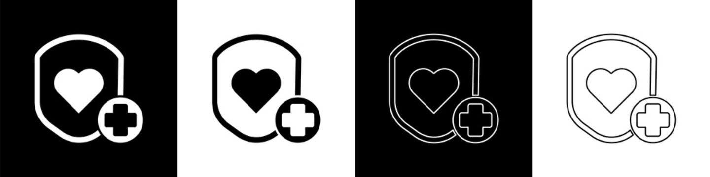 Set Shield and heart rate icon isolated on black and white background. Health protection concept. Health care. Vector Illustration