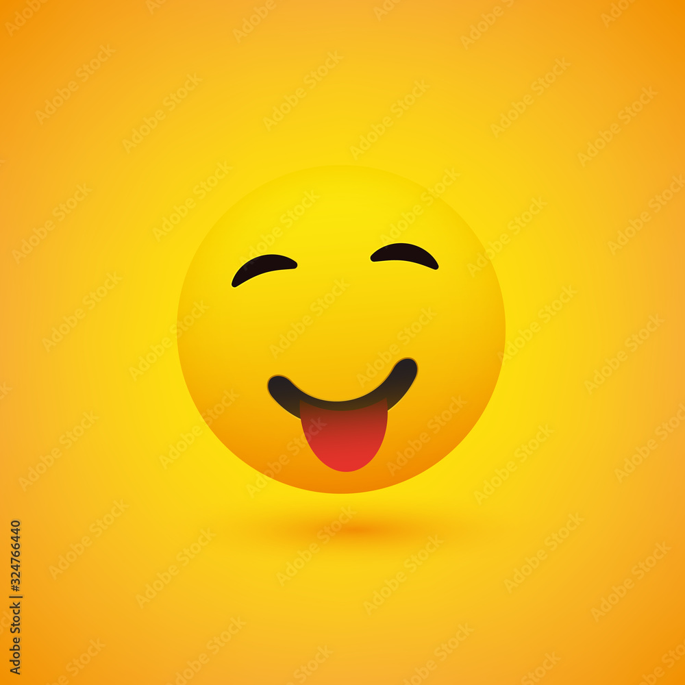 Poster smiling emoji with stuck out tongue - simple happy emoticon on yellow background - vector design