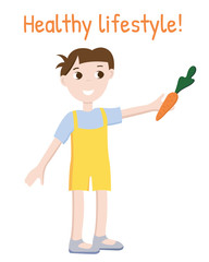 The boy gives carrots. Healthy lifestyle. Healthy vegetable.
