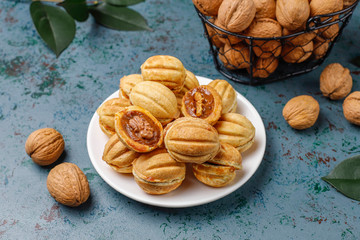 Homemade Russian cookies with boiled condensed milk and walnuts.