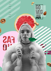 Young fashion stylish teen girl wear faux fur look at camera on trendy vegan minimal creative modern contemporary art collage aqua menthe background, zine culture, healthy lifestyle concept Vertical