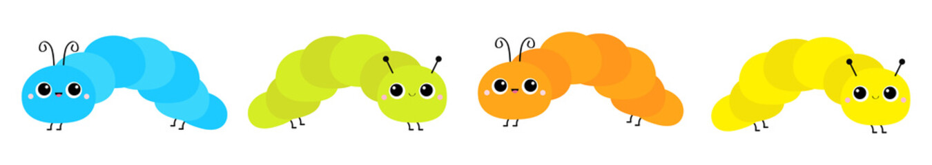 Cute crawling catapillar bug set line. Cartoon funny kawaii baby animal character. Caterpillar insect icon. Colorful bright yellow blue green orange color. Flat design. White background. Isolated.