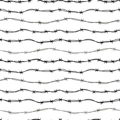 Strait tangled barbed wire, black silhouette seamless pattern on white
