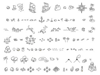 Adventure set. Create your own game. Selection for fantasy map board game creator kit. Great sailors. Sea monsters. Selection for board game. © Ilia