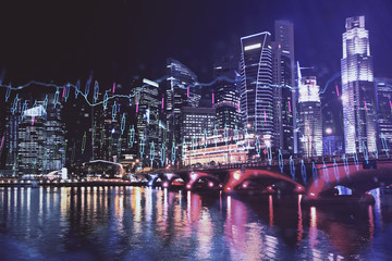 Fototapeta premium Financial chart on city scape with tall buildings background multi exposure. Analysis concept.