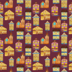 Seamless pattern with watercolor hand drawn old european brick houses.