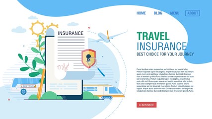 Online Service for Journey Insurance. Tour Agency Landing Page Offer Safe Movement by Bus, Airplane and Train to Destination Place. Form for Fulfilling Medical Policy on Mobile. Vector Illustration