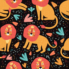 Seamless pattern lion and tropic plants and leaves. Funny cartoon animal in the jungle. Cute wild cats background. Africa, safari. Scandinavian style flat design. Concept children print. Hand drawn.