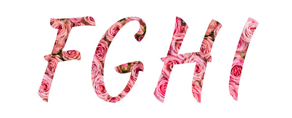 The letters FGHI of the English alphabet is cut out of pink roses on a white isolated background.Floral pattern, texture.Bright alphabet for stores, sales, websites, postcards and holiday greetings