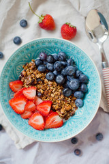 Bowl of homemade granola with yogurt and fresh strawberry and blueberry
