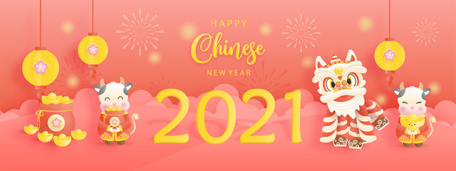Happy Chinese New Year with year of ox. 2021 for card and banner. Vector illustration