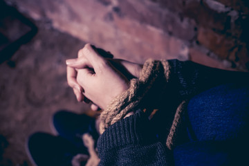 Hands of a bound girl close-up. Concept of kidnapping, violence. view top
