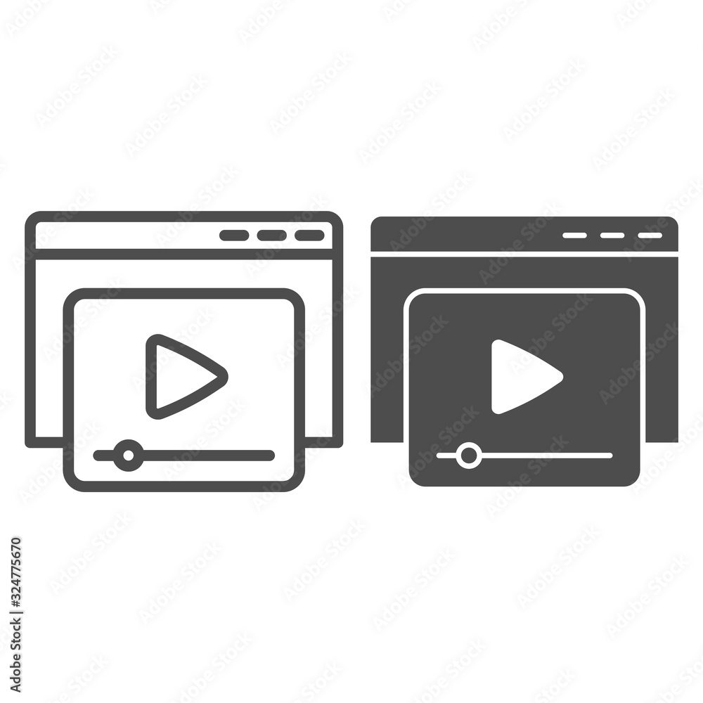 Poster video content window line and solid icon. site form of watching online video with player. browser ve