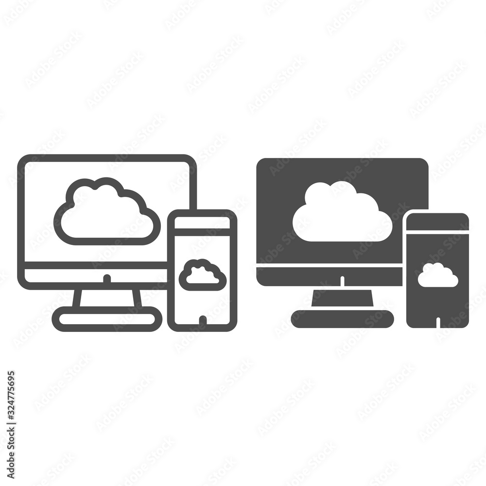 Poster Upload devices line and solid icon. Cloud synchronize between computer and phone. Internet technology vector design concept, outline style pictogram on white background, use for web and app. Eps 10.