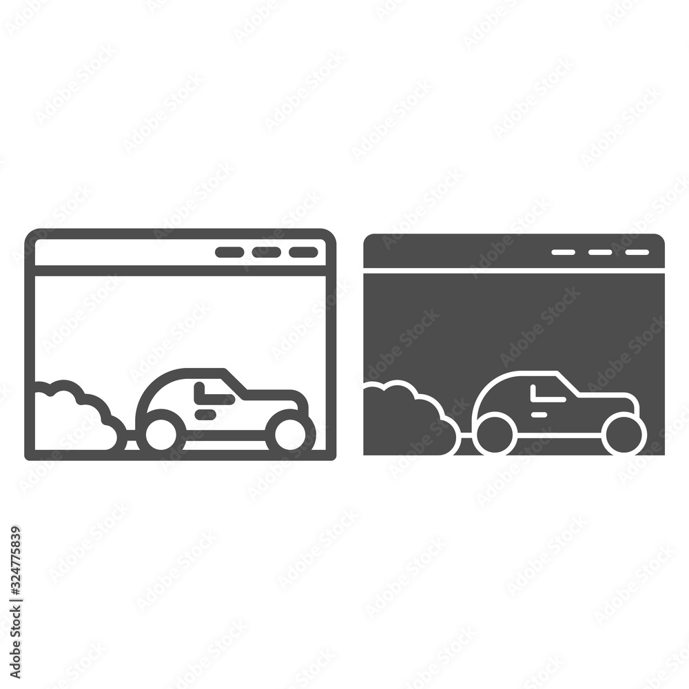 Poster car speed browser line and solid icon. web window with vehicle and frame. internet technology vector