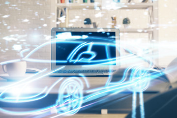 Desktop computer background in office with automobile hologram drawing. Multi exposure. Tech concept.