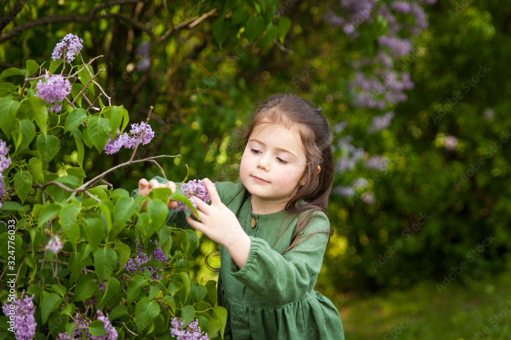 Wall mural cute girl has fun in the park with blooming lilacs, enjoys spring and warmth