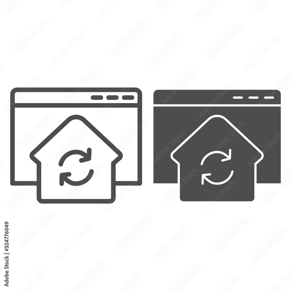 Poster refresh window line and solid icon. browser with home silhouette update and synchronization. website
