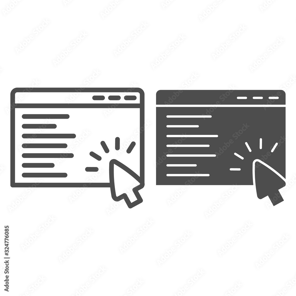 Poster search window page line and solid icon. web browser with cursor searching result. internet technolog