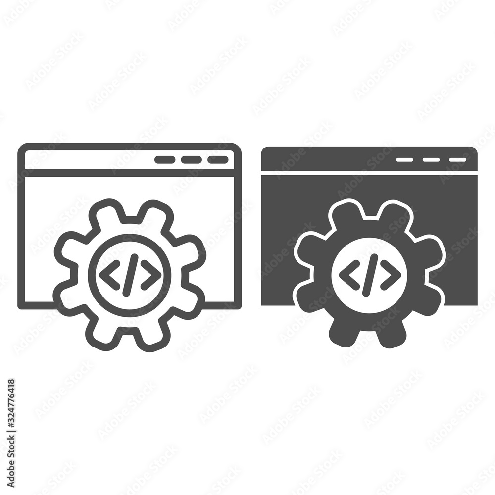 Poster computer data settings line and solid icon. mechanical gear inside browser window. internet technolo