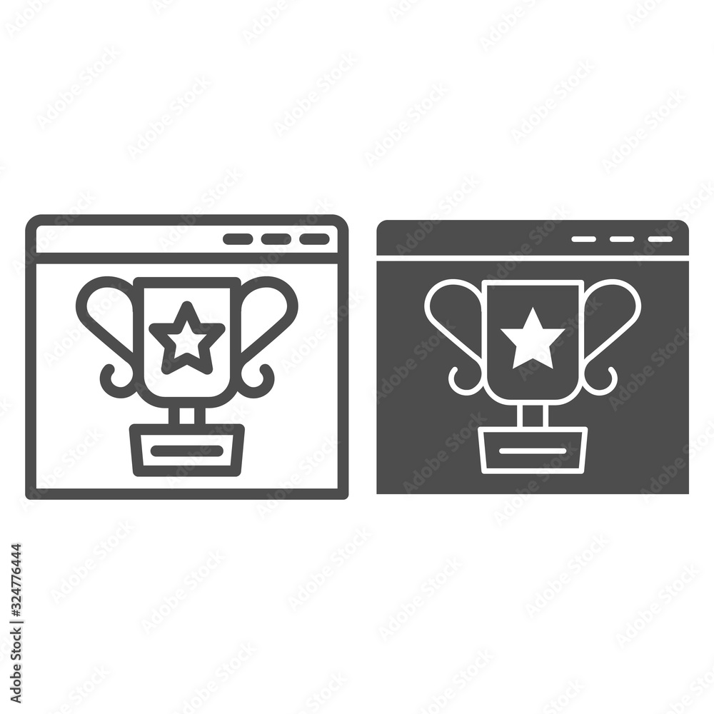 Poster browser and award cup line and solid icon. website ranking in website with cup and star. online busi