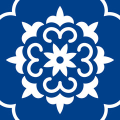 Mexican talavera tile pattern. Ornament in traditional style from Puebla in classic blue and white. Geometric ceramic tile. Folk art design from Mexico.