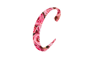The letter C of the English alphabet is cut out of pink roses on a white isolated background.Floral pattern, texture.Bright alphabet for stores, sales, websites, postcards and holiday greetings