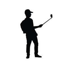 Young man taking selfie with smartphone silhouette vector