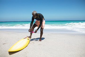 Naklejka na ściany i meble Old man with a surfboard at the beach