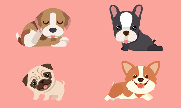 Cute funny cartoon dogs  puppy pet characters different breeds  