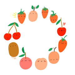 Simple and cute vector round Fruits frame - Cherry, Peach, Strawberry, Kiwi, Grapefruit. Seasonal Spring Fruits in round geometrical shape.