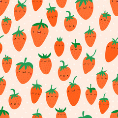 Cute seamless pattern with summer berries. Vector texture with Smiley Strawberries in cartoon style.