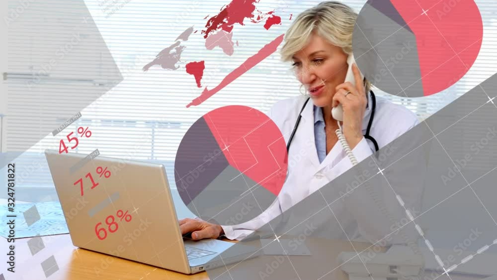 Poster animation of data processing with woman on phone in background