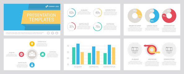 Set of yellow, blue, red and turquoise elements for multipurpose presentation template slides with graphs and charts.