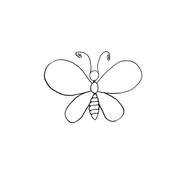 Contour cute butterfly hand drawn in cartoon style Doodle. Simple outline design element for spring, summer, postcard. Template for creativity for children, preschool education