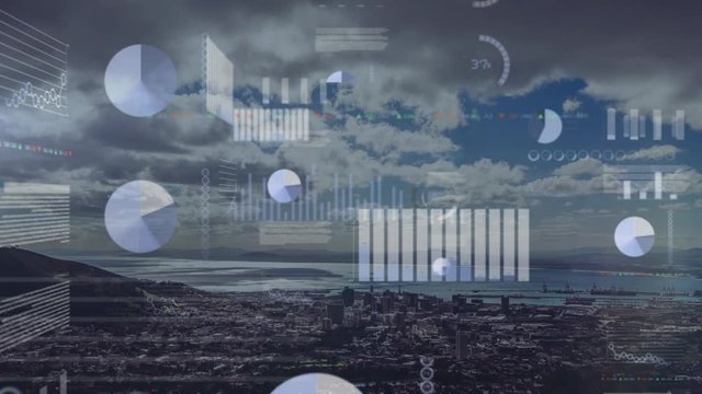 Animation of data processing with city in background