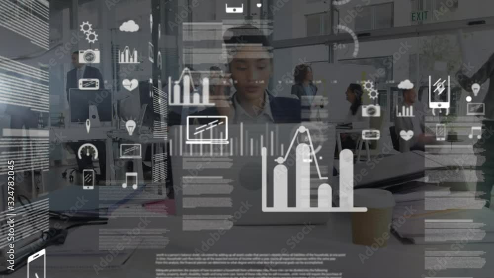 Poster animation of data processing with office in background