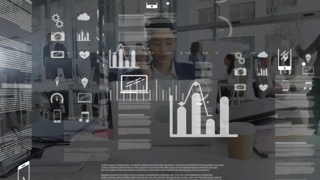 Animation of data processing with office in background