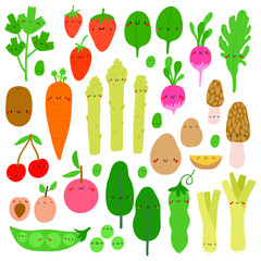 Fototapeta premium Seasonal Fruits and Vegetables - Big vector collection in cartoon style. Cute smiley Vegetables and Fruits characters. Spring seasonal fresh food set.